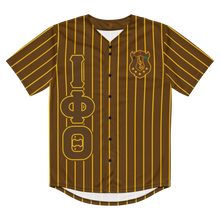Load image into Gallery viewer, Front View. Buy Iota Phi Theta Fraternity Baseball Jersey - Brown jersey with gold pin stripes, Iota Phi Theta Greek letters, Iota shield, fraternity apparel, Greek gear.