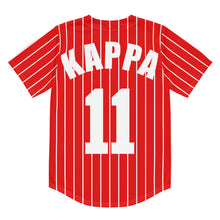 Load image into Gallery viewer, red kappa alpha psi Fraternity Baseball Jersey (Back View) featuring white "kappa" letters at the top and the number "11" in white below.