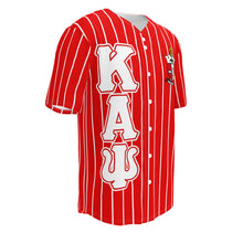 Load image into Gallery viewer, Red kappa alpha psi Baseball Jersey with white Pin Stripes right side view