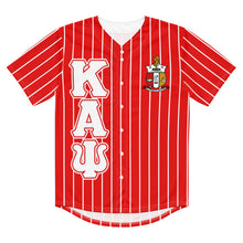 Load image into Gallery viewer, Front View. Buy Kappa Alpha Psi Fraternity Baseball Jersey - Red jersey with White pin stripes, Kappa Alpha Psi Greek letters, Kappa shield, fraternity apparel, Greek gear.