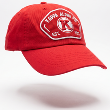 Load image into Gallery viewer, Red cap with a logo on a white background