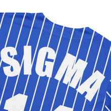 Load image into Gallery viewer, back view Close-up of White Pin Stripes on Blue phi beta sigma Fraternity Jersey