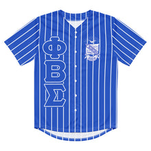 Load image into Gallery viewer, Front View. Buy Phi beta sigma Fraternity Baseball Jersey - blue jersey with white pin stripes, Phi beta sigma Greek letters, sigma shield, fraternity apparel, Greek gear.
