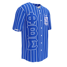 Load image into Gallery viewer, Blue phi beta sigma Baseball Jersey with white Pin Stripes right side view