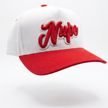 Load image into Gallery viewer, White and red cap with 'Nupe' logo on a white background