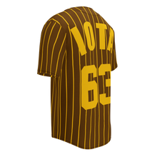 Load image into Gallery viewer, Brown Iota Phi Theta Baseball Jersey with Gold Pin Stripes back left side view