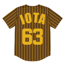Load image into Gallery viewer, Brown Iota Phi Theta Fraternity Baseball Jersey (Back View) featuring gold "IOTA" letters at the top and the number "63" in gold below.