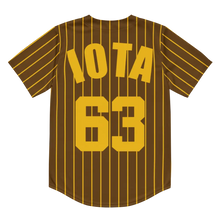 Load image into Gallery viewer, Brown Iota Phi Theta Fraternity Baseball Jersey (Back View) featuring gold "IOTA" letters at the top and the number "63" in gold below.