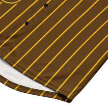 Load image into Gallery viewer, front bottom View of Iota Phi Theta Baseball Jersey - Brown with Gold Pin Stripes showcasing drop tail