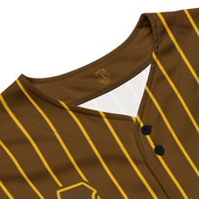 Load image into Gallery viewer, Close-up front collar of Gold Pin Stripes on Brown Iota Phi Theta Fraternity Jersey