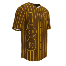 Load image into Gallery viewer, Brown Iota Phi Theta Baseball Jersey with Gold Pin Stripes right side view