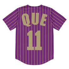 Load image into Gallery viewer, Purple omega psi phiFraternity Baseball Jersey (Back View) featuring gold "que" letters at the top and the number "11" in gold below.