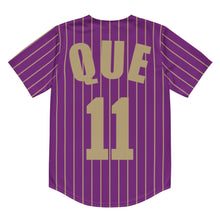 Load image into Gallery viewer, Purple omega psi phiFraternity Baseball Jersey (Back View) featuring gold "que" letters at the top and the number "11" in gold below.