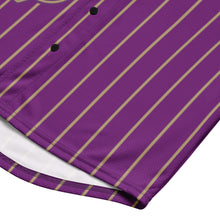 Load image into Gallery viewer, Close-up front bottom of gold Pin Stripes on purple omega psi phi Fraternity Jersey