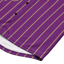 Load image into Gallery viewer, Close-up front bottom of gold Pin Stripes on purple omega psi phi Fraternity Jersey
