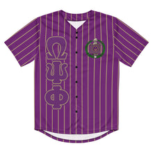 Load image into Gallery viewer, Front View. Buy omega psi phi Fraternity Baseball Jersey - purple jersey with gold pin stripes, omega psi phi Greek letters, omega shield, fraternity apparel, Greek gear.