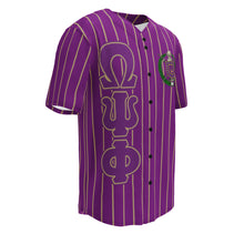 Load image into Gallery viewer, purple omega psi phi Baseball Jersey with gold Pin Stripes right side view