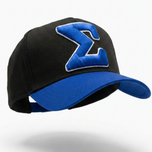 Load image into Gallery viewer, Black cap with blue brim and letter 'E' on a white background
