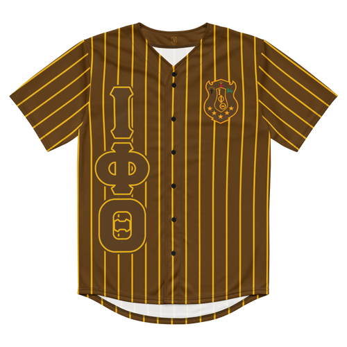 Front View. Buy Iota Phi Theta Fraternity Baseball Jersey - Brown jersey with gold pin stripes, Iota Phi Theta Greek letters, Iota shield, fraternity apparel, Greek gear.