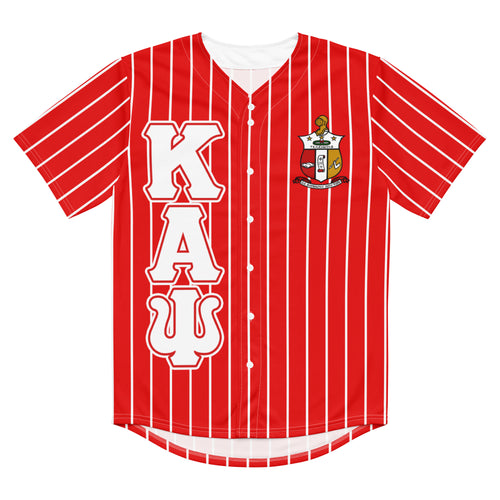 Front View. Buy Kappa Alpha Psi Fraternity Baseball Jersey - Red jersey with White pin stripes, Kappa Alpha Psi Greek letters, Kappa shield, fraternity apparel, Greek gear.