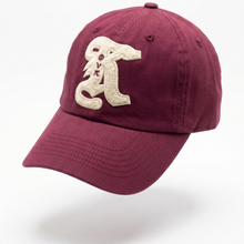 Load image into Gallery viewer, Maroon baseball cap with a white logo on a white background
