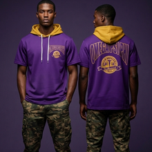 Load image into Gallery viewer, Person wearing a purple hoodie with yellow accents, standing against a purple background.

