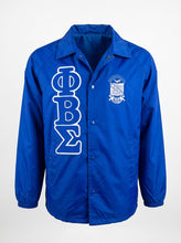 Load image into Gallery viewer, Blue jacket with white lettering and logo on a white background
