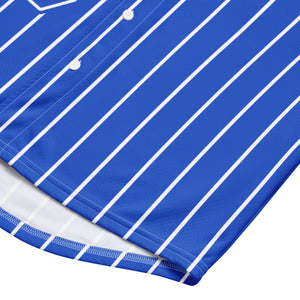 Close-up front bottom of white Pin Stripes on Blue phi beta sigma Fraternity Jersey