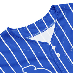 Close-up  front view of white Pin Stripes on blue phi beta sigma Fraternity Jersey