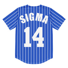 Load image into Gallery viewer, blue phi beta sigma Fraternity Baseball Jersey (Back View) featuring white &quot;sigma&quot; letters at the top and the number &quot;14&quot; in white below.
