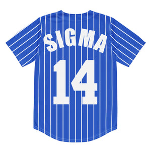 blue phi beta sigma Fraternity Baseball Jersey (Back View) featuring white "sigma" letters at the top and the number "14" in white below.