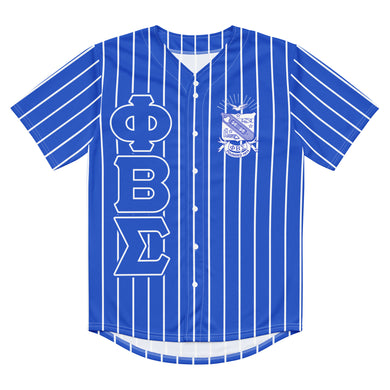Front View. Buy Phi beta sigma Fraternity Baseball Jersey - blue jersey with white pin stripes, Phi beta sigma  Greek letters, sigma shield, fraternity apparel, Greek gear.