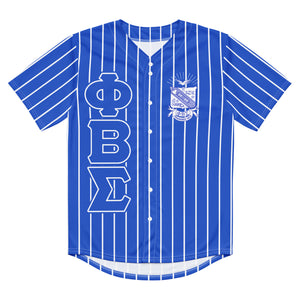 Front View. Buy Phi beta sigma Fraternity Baseball Jersey - blue jersey with white pin stripes, Phi beta sigma  Greek letters, sigma shield, fraternity apparel, Greek gear.