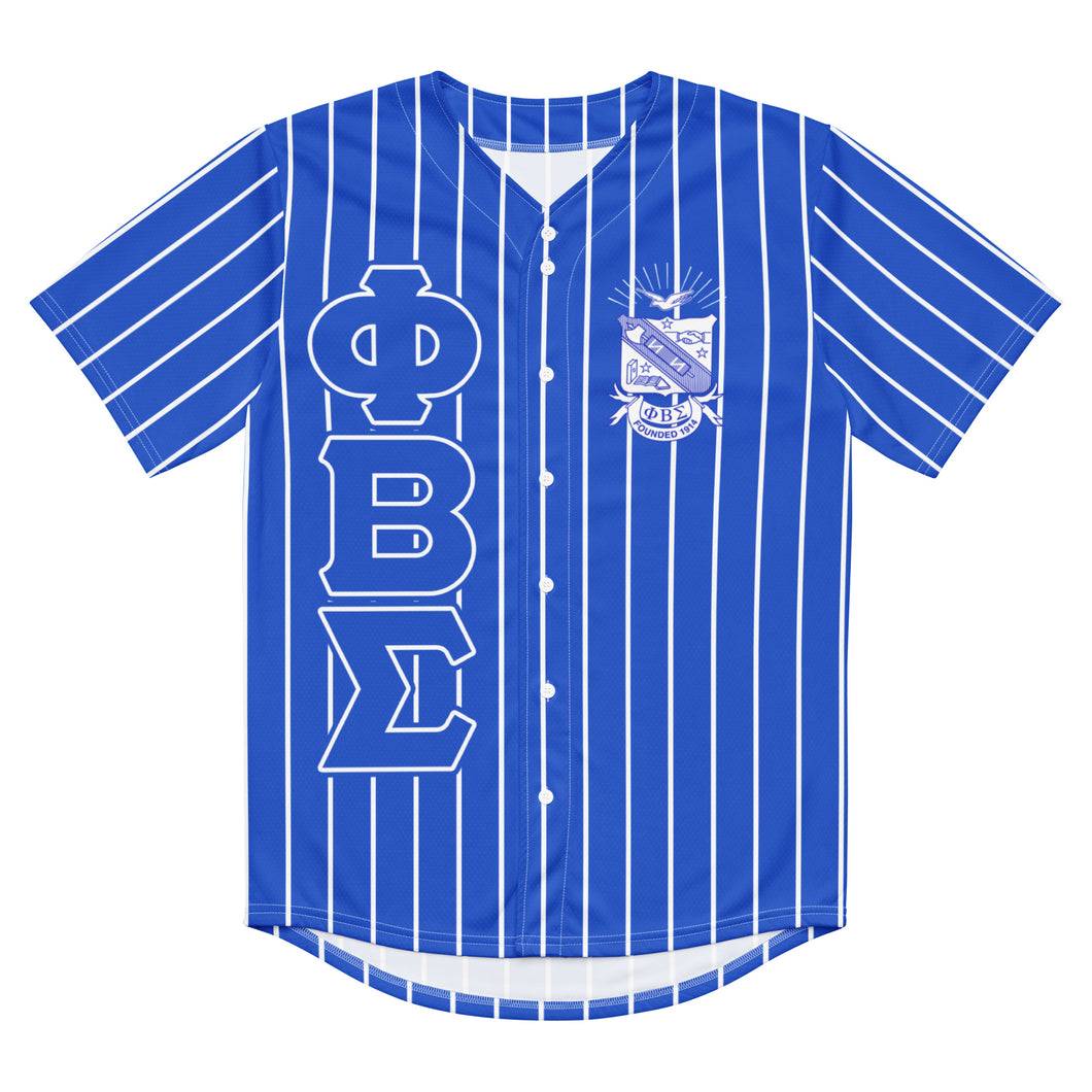 Front View. Buy Phi beta sigma Fraternity Baseball Jersey - blue jersey with white pin stripes, Phi beta sigma  Greek letters, sigma shield, fraternity apparel, Greek gear.