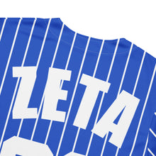 Load image into Gallery viewer, back view Close-up of White Pin Stripes on Blue zeta phi beta sorority Jersey
