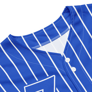 Close-up  front view of white Pin Stripes on blue zeta phi beta sorority Jersey