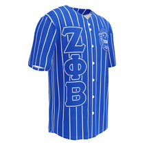 Load image into Gallery viewer, Blue zeta phi beta Baseball Jersey with white Pinstripes right side view
