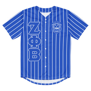 Front View. Buy zeta phi beta sorority Baseball Jersey - blue jersey with white pinstripes, zeta phi beta Greek letters, zeta shield, sorority apparel, Greek gear.