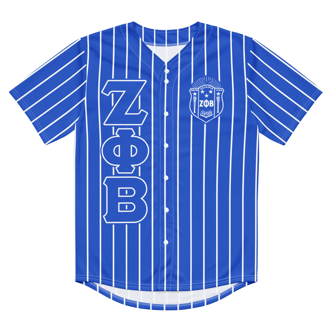 Front View. Buy zeta phi beta sorority Baseball Jersey - blue jersey with white pinstripes, zeta phi beta Greek letters, zeta shield, sorority apparel, Greek gear.