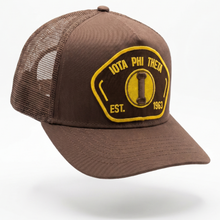 Load image into Gallery viewer, Brown trucker cap with yellow patch on a white background
