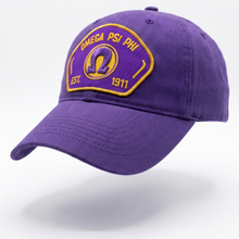 Load image into Gallery viewer, Purple cap with Omega Psi Phi logo on a white background
