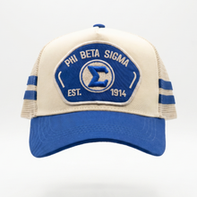 Load image into Gallery viewer, Blue and beige cap with Phi Beta Sigma logo on a white background

