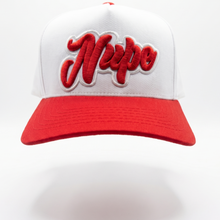 Load image into Gallery viewer, White and red cap with 'Nupe' text on a white background
