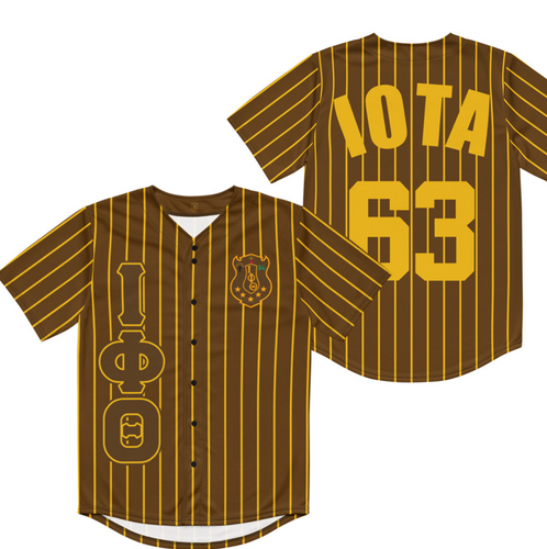 front and back. Iota Phi Theta Fraternity Baseball Jersey - Brown jersey with gold pin stripes, Iota Phi Theta Greek letters, Iota shield, fraternity apparel, Greek gear. on the back is the word iota with the number 63 underneath 