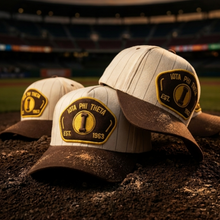Load image into Gallery viewer, Two baseball caps with a logo on a baseball field at sunset.
