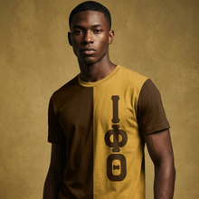 Load image into Gallery viewer, Man wearing a two-tone brown and yellow t-shirt with symbols on a beige background
