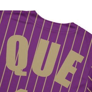 Close-up of gold Pin Stripes on purple omega psi phi Fraternity Jersey