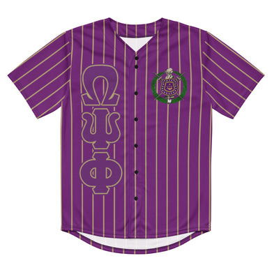 Front View. Buy omega psi phi Fraternity Baseball Jersey - purple jersey with gold pin stripes, omega psi phi Greek letters, omega shield, fraternity apparel, Greek gear.