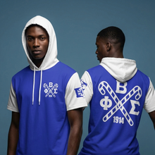 Load image into Gallery viewer, Two men wearing blue and white hoodies with symbols and text on a blue background
