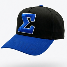 Load image into Gallery viewer, Black and blue cap with a symbol on a white background
